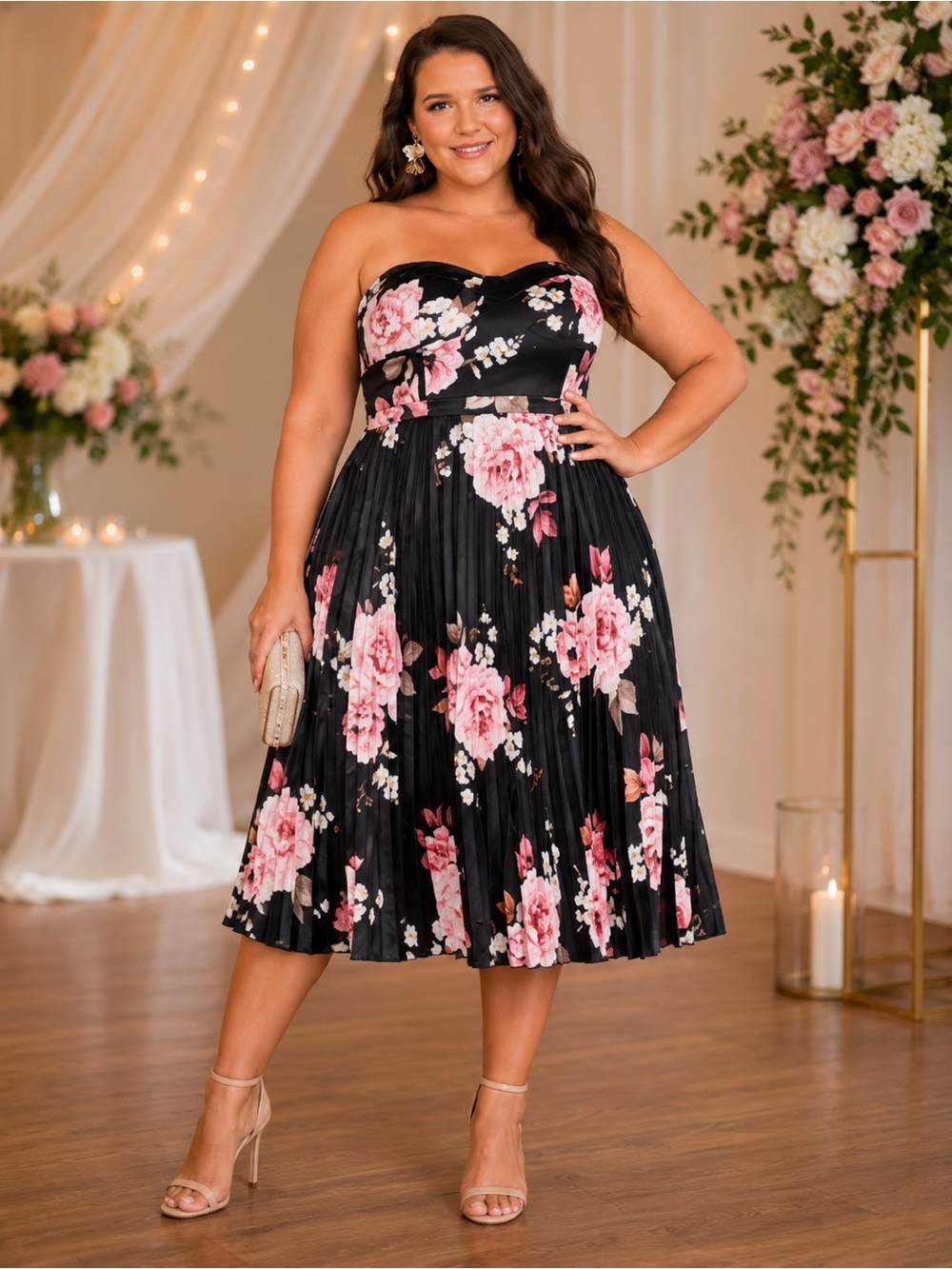 City Chic Plus Size 22 Black Floral Strapless Pleated Midi Dress Wedding Guest